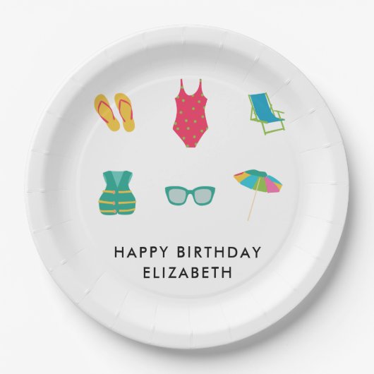 プールパーティー誕生日ミニマルサマーカラフルキュート ペーパープレート (正面)