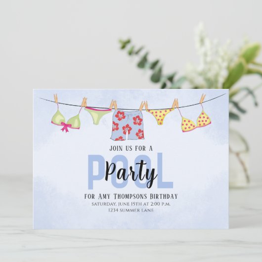 プールパーティー誕生日夏トレンディー水彩ビーチ 招待状 (スタンド正面)