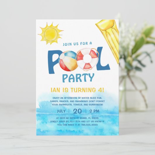 プールパーティー誕生日招待状おもしろいウォーターサマー 招待状 (スタンド正面)