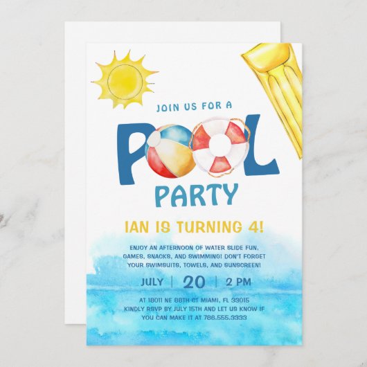 プールパーティー誕生日招待状おもしろいウォーターサマー 招待状 (正面/裏面)