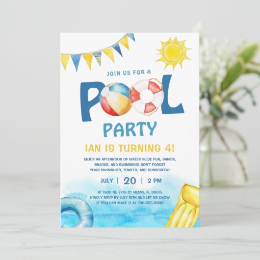 プールパーティー誕生日招待状おもしろいスプラッシュ 招待状 (スタンド正面)