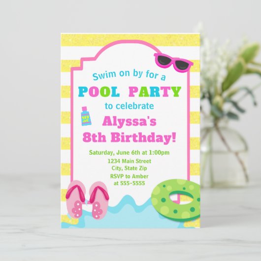 プールパーティー誕生日招待状ガールスイムパーティー 招待状 (スタンド正面)