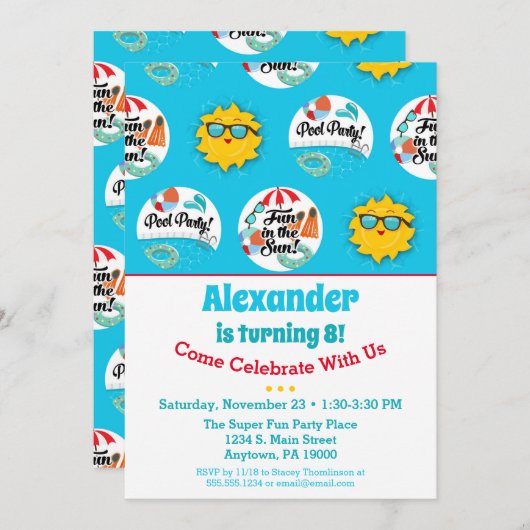 プールパーティー誕生日招待状スイミングサマー 招待状 (正面/裏面)