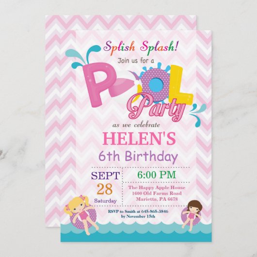 プールパーティー誕生日招待状スプラッシュガール 招待状 (正面/裏面)