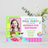 プールパーティー誕生日招待状ブルネットガール 招待状 (スタンド正面)