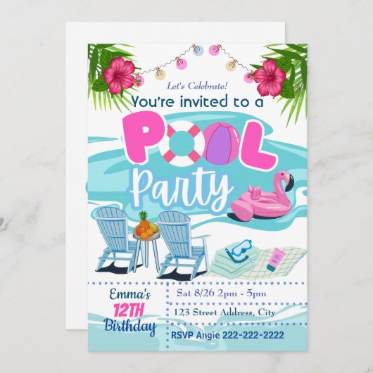プールパーティー誕生日招待状招待状 招待状 (正面/裏面)