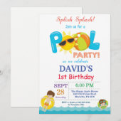 プールパーティー誕生日招待状 スプラッシュ! 男の子 招待状 (正面/裏面)