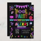 プールパーティー誕生日招待状、ネオンパーティー 招待状 (正面/裏面)