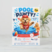 プールパーティー誕生日招待状 ライフガード犬 招待状 (スタンド正面)