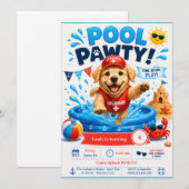 プールパーティー誕生日招待状 ライフガード犬 招待状 (正面/裏面)