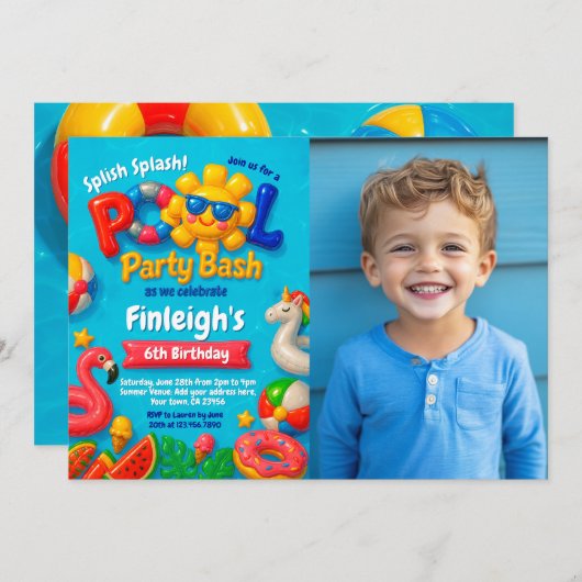 プールパーティー誕生日招待状 招待状 (正面/裏面)