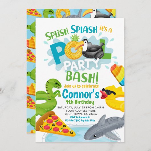 プールパーティー誕生日招待状 招待状 (正面/裏面)