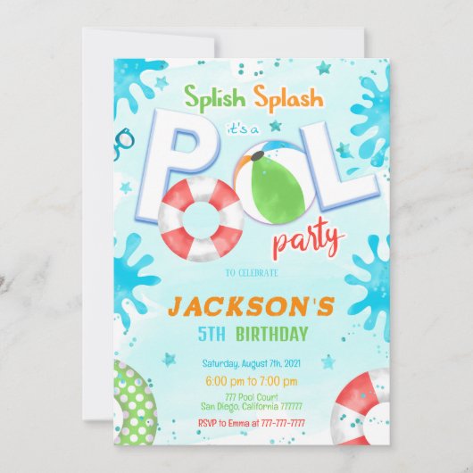 プールパーティー誕生日招待状 招待状 (正面)