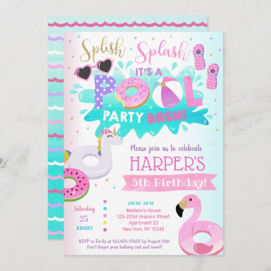 プールパーティー誕生日招待状 招待状 (正面/裏面)
