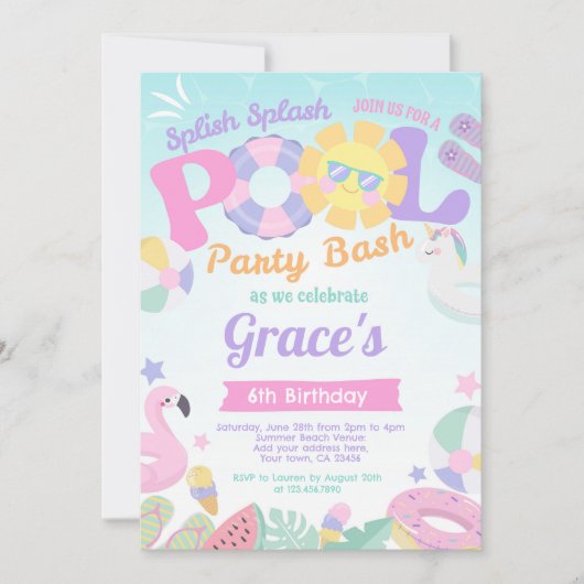 プールパーティー誕生日招待状 招待状 (正面)