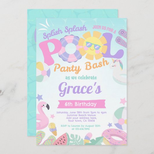 プールパーティー誕生日招待状 招待状 (正面/裏面)