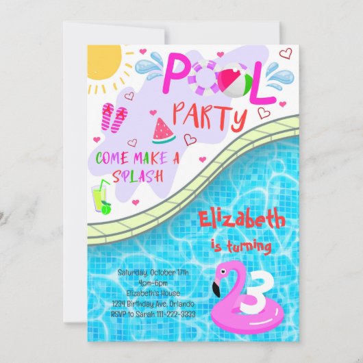 プールパーティー誕生日招待状 招待状 (正面)