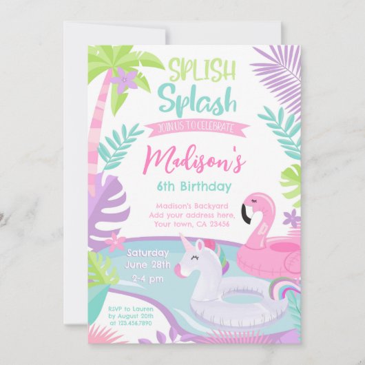 プールパーティー誕生日招待状 招待状 (正面)