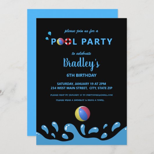 プールパーティー誕生日招待状 招待状 (正面/裏面)