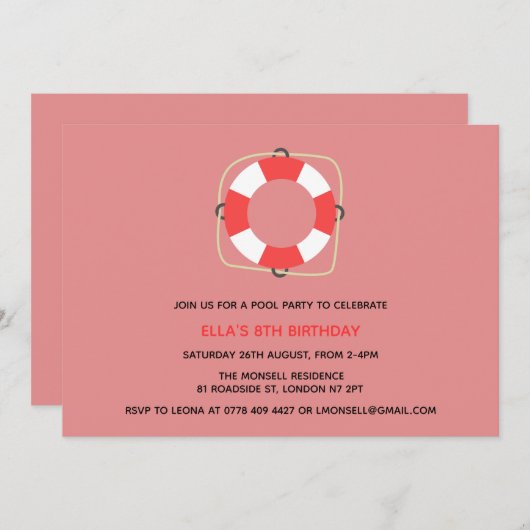 プールパーティー誕生日招待状 招待状 (正面/裏面)