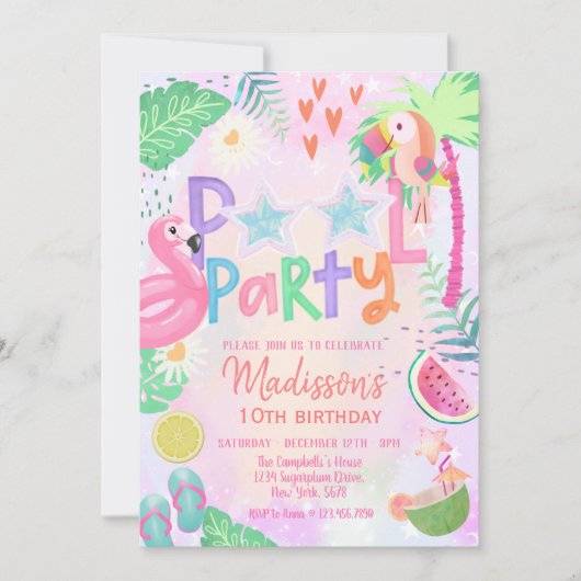 プールパーティー誕生日招待状 招待状 (正面)