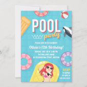 プールパーティー誕生日招待状 |紫（青） 招待状 (正面)