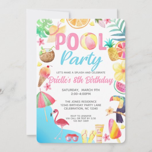 プールパーティー誕生日招待状- Swim 招待状 (正面)