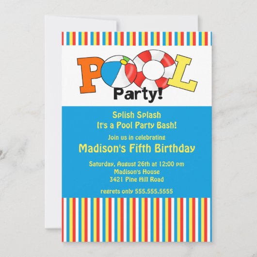 プールパーティー誕生日招待 明るいストライプ! 招待状 (正面)