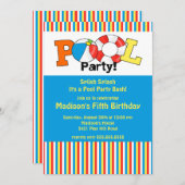 プールパーティー誕生日招待 明るいストライプ! 招待状 (正面/裏面)