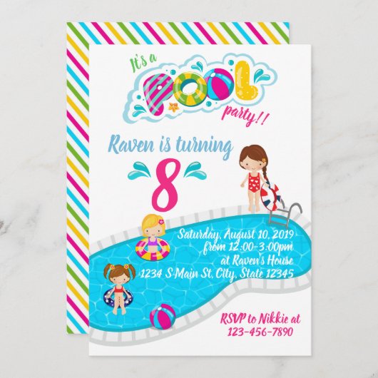 プールパーティー誕生日 招待状 (正面/裏面)