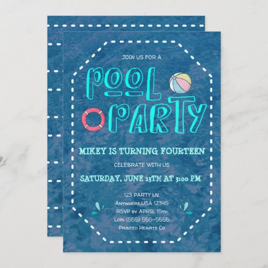 プールパーティー誕生日 招待状 (正面/裏面)