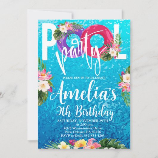 プールパーティー誕生日、水泳パーティー、任意の年齢 招待状 (正面)
