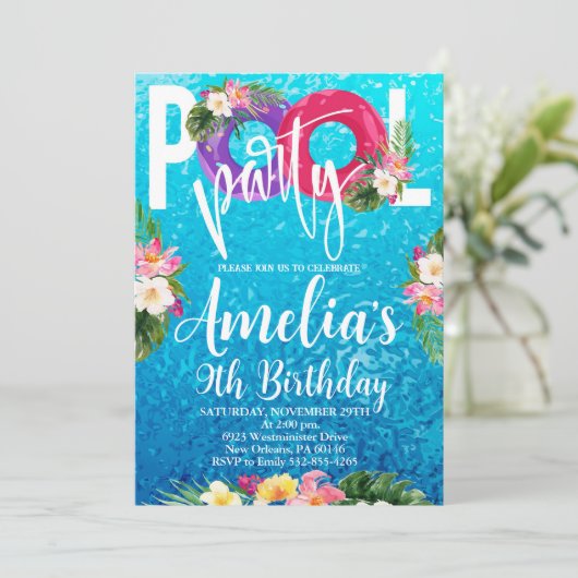 プールパーティー誕生日、水泳パーティー、任意の年齢 招待状 (スタンド正面)