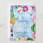 プールパーティー誕生日、水泳パーティー、任意の年齢 招待状 (正面)