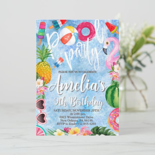 プールパーティー誕生日、水泳パーティー、任意の年齢 招待状 (スタンド正面)