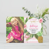 プールパーティー誕生日、熱帯ピンクと金ゴールド写真 招待状 (スタンド正面)