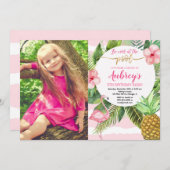 プールパーティー誕生日、熱帯ピンクと金ゴールド写真 招待状 (正面/裏面)