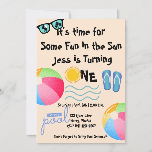 プールパーティー1st誕生日 招待状 (正面)