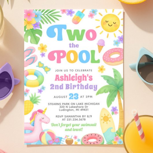 プールパーティー2nd誕生日招待状- 2つのプール 招待状