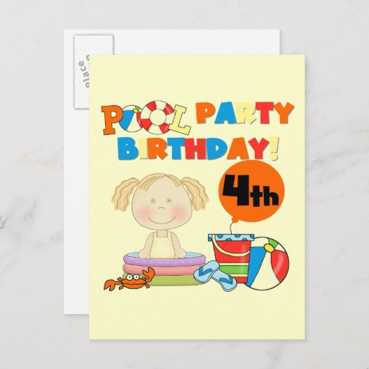 プールパーティー4th誕生日Tシャツとギフト インビテーションポストカード (正面/裏面)