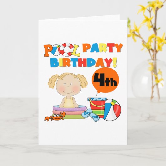 プールパーティー4th誕生日Tシャツとギフト カード (黄色い花)