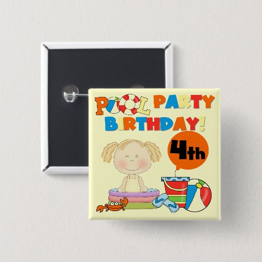 プールパーティー4th誕生日Tシャツとギフト 缶バッジ (正面&裏面)