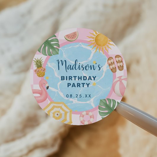 プールパーティー サマーガール 誕生日 ラウンドシール