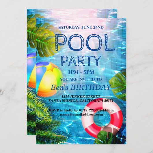 プールパーティー |スイミング誕生日招待状 招待状 (正面/裏面)