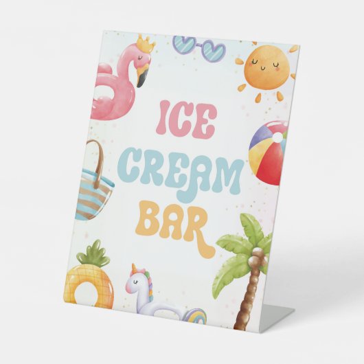 プールパーティー、ビーチ誕生日パーティーアイスクリームバー 台座サイン (正面)