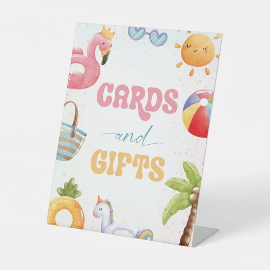 プールパーティー、ビーチ誕生日パーティーカードとギフト 台座サイン (正面)