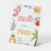 プールパーティー、ビーチ誕生日パーティー楽しむいくつかの食品 台座サイン (正面)