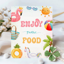 プールパーティー、ビーチ誕生日パーティー楽しむいくつかの食品 台座サイン