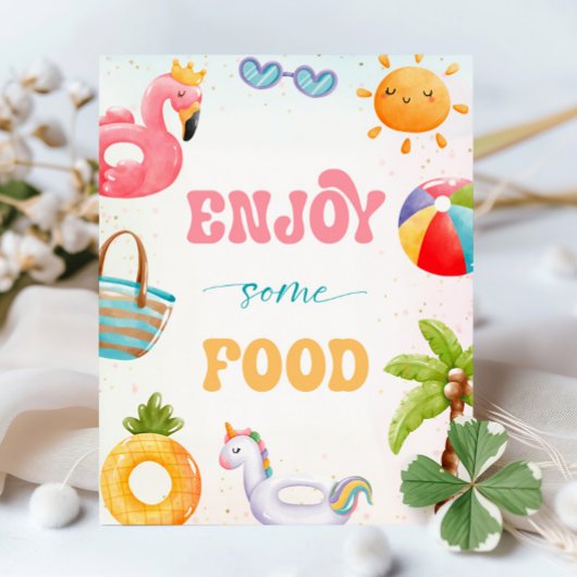 プールパーティー、ビーチ誕生日パーティー楽しむいくつかの食品 台座サイン