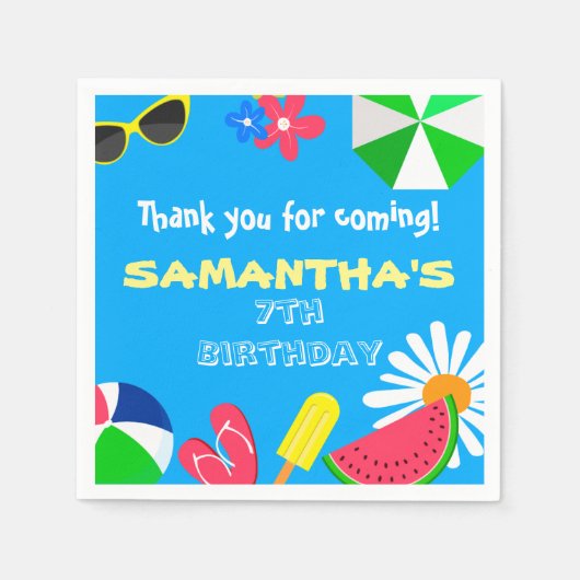 プールパーティー ブライトブルー カラー サマー バースデー ファン スタンダードカクテルナプキン (正面)